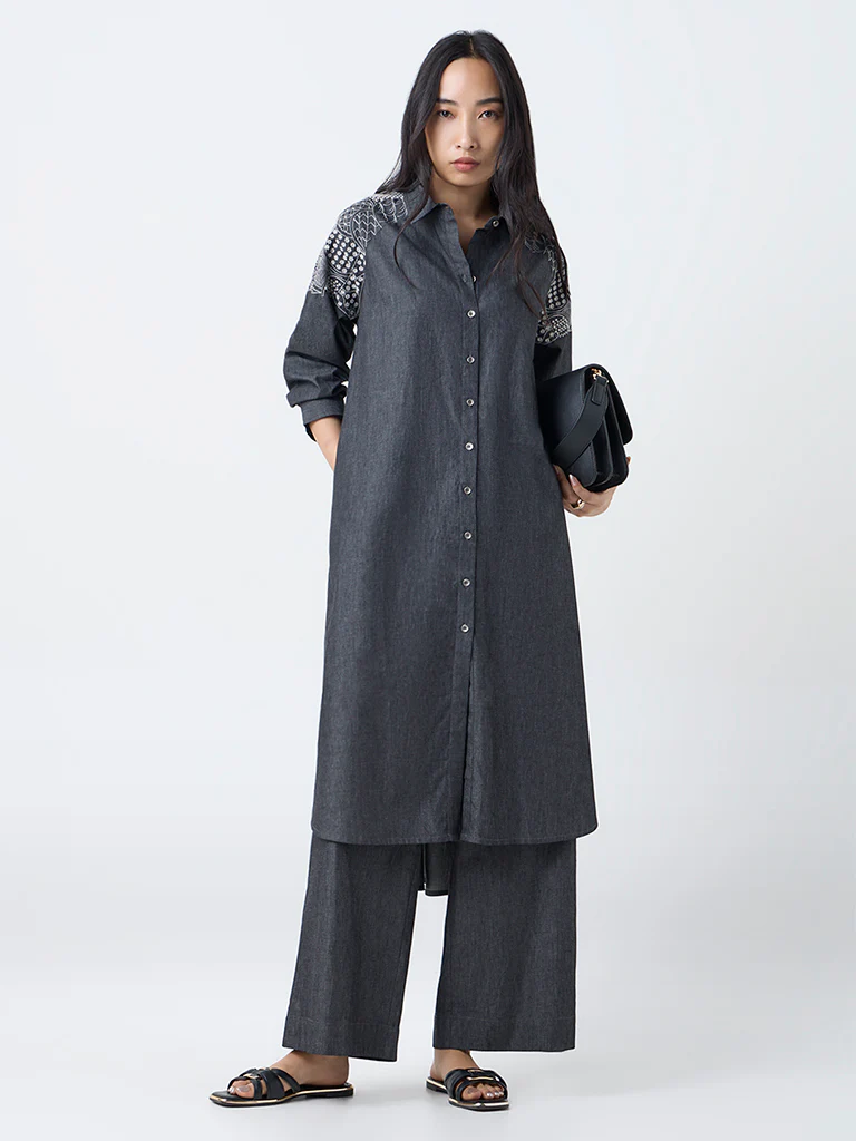 Utsa Black Embroidered Denim A-Line Kurta