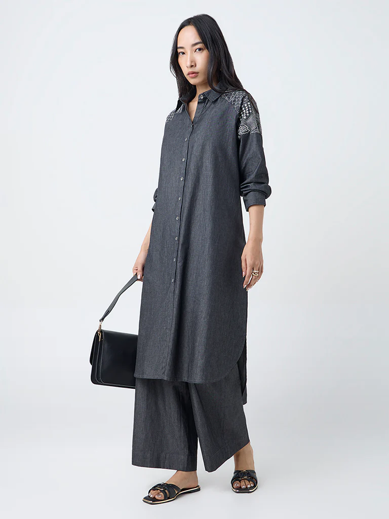 Utsa Black Embroidered Denim A-Line Kurta - Image 2