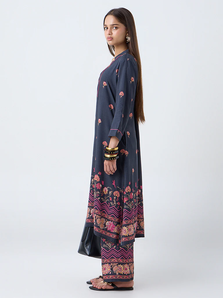 Utsa Black Floral Design Straight Kurta - Image 2