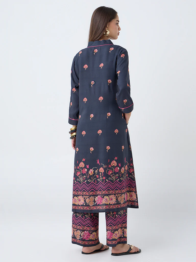 Utsa Black Floral Design Straight Kurta - Image 4