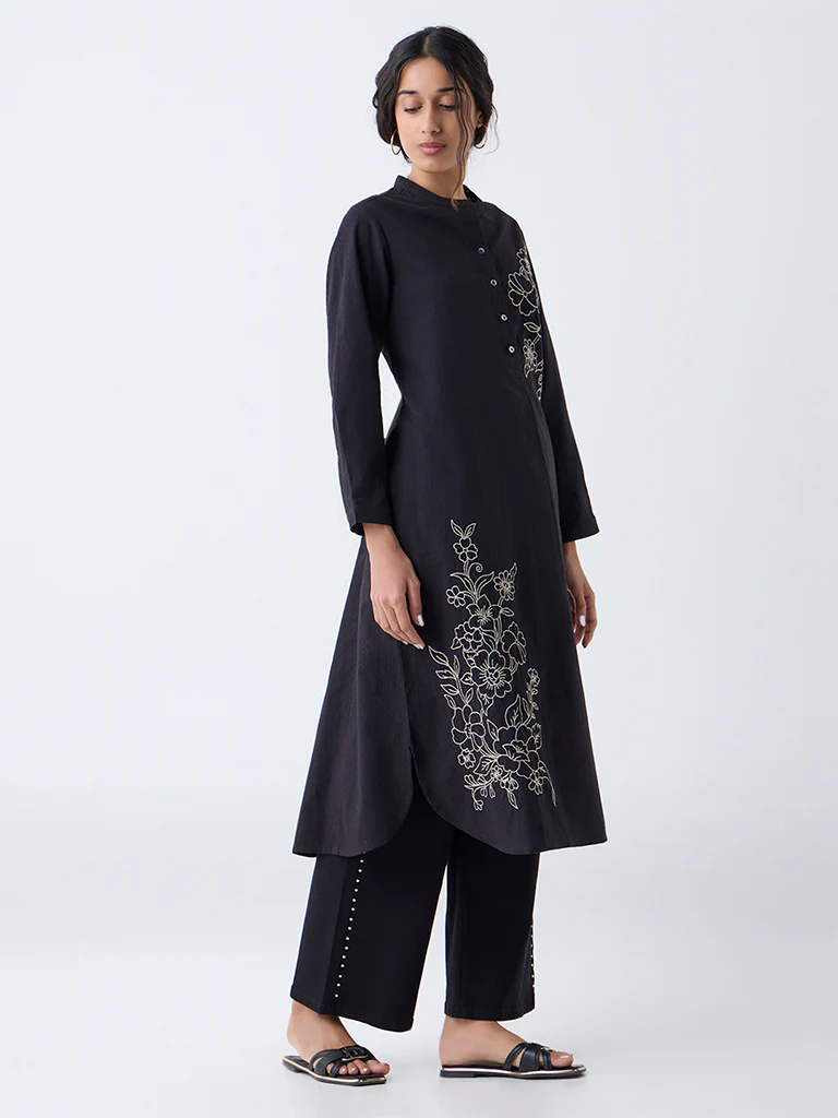 Utsa Black Floral Embroidered A-Line Kurta - Image 2