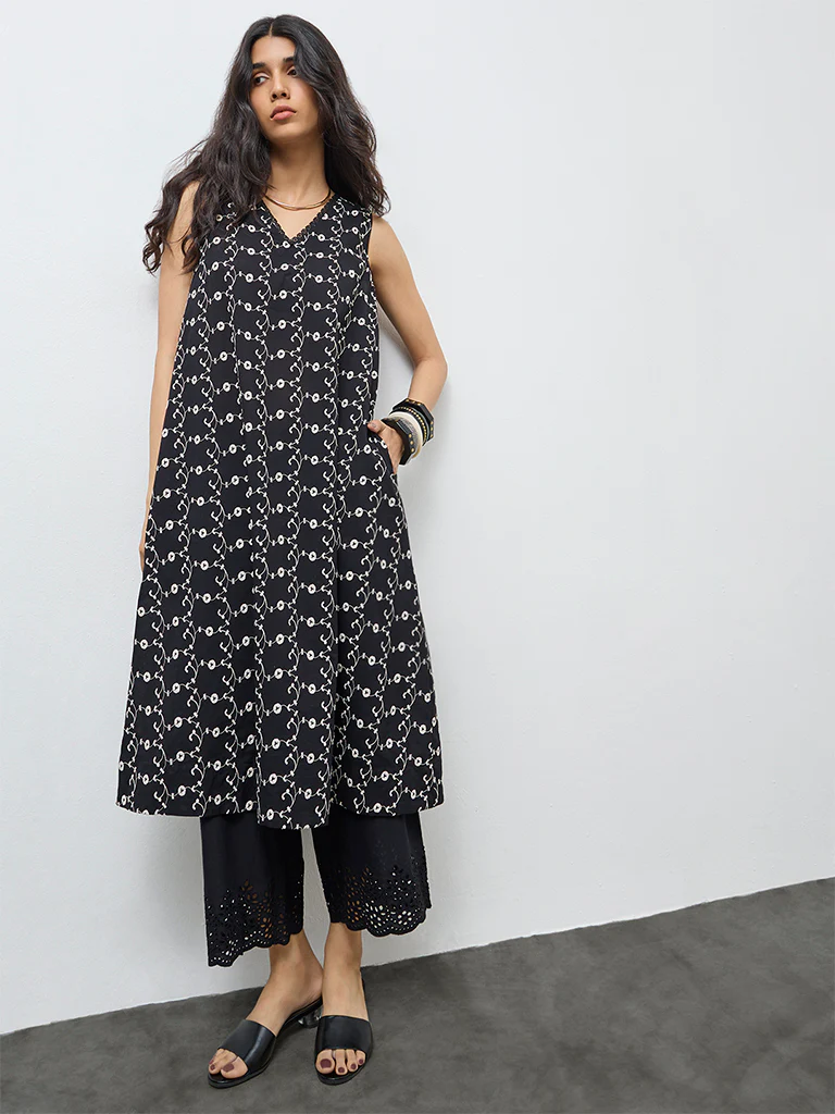 Utsa Black Floral Embroidered Cotton A-Line Kurta - Image 2