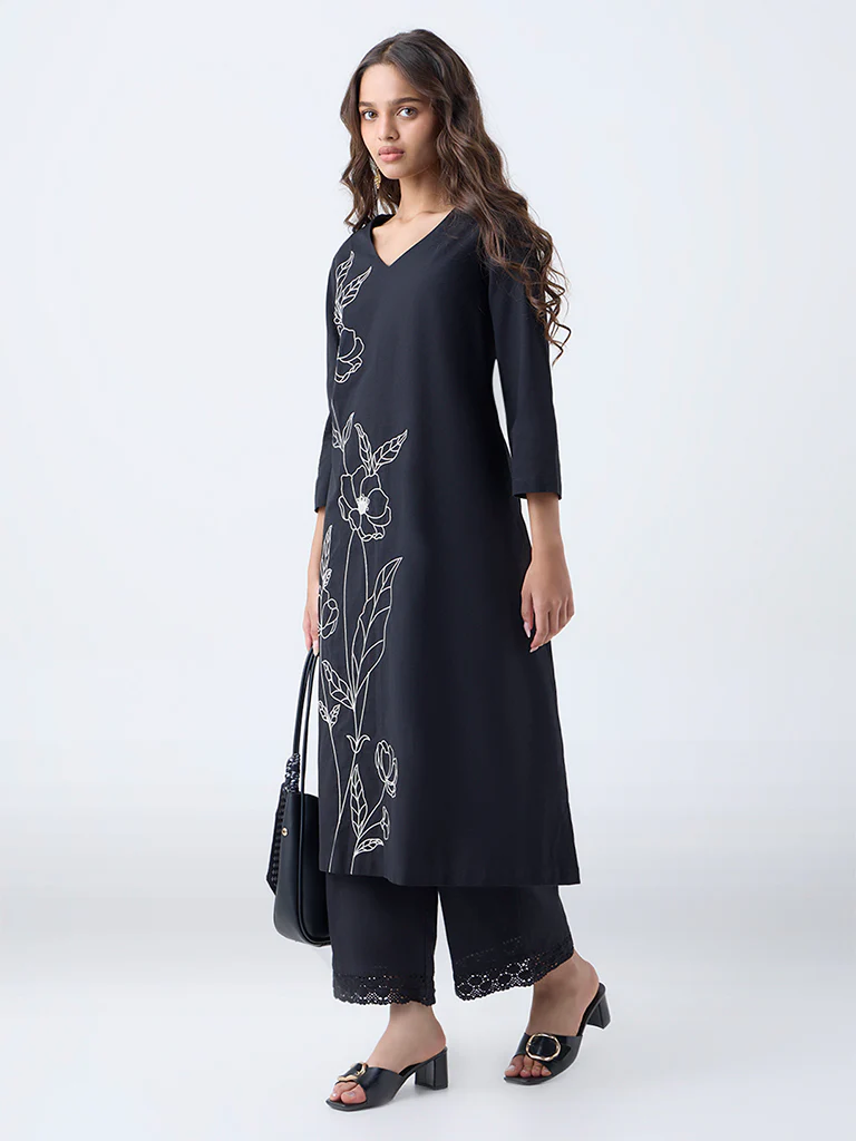 Utsa Black Floral Embroidered Cotton-Blend A-Line Kurta - Image 2