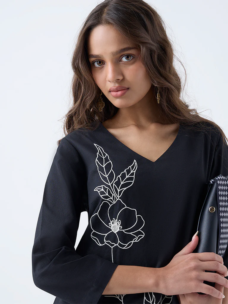 Utsa Black Floral Embroidered Cotton-Blend A-Line Kurta - Image 3