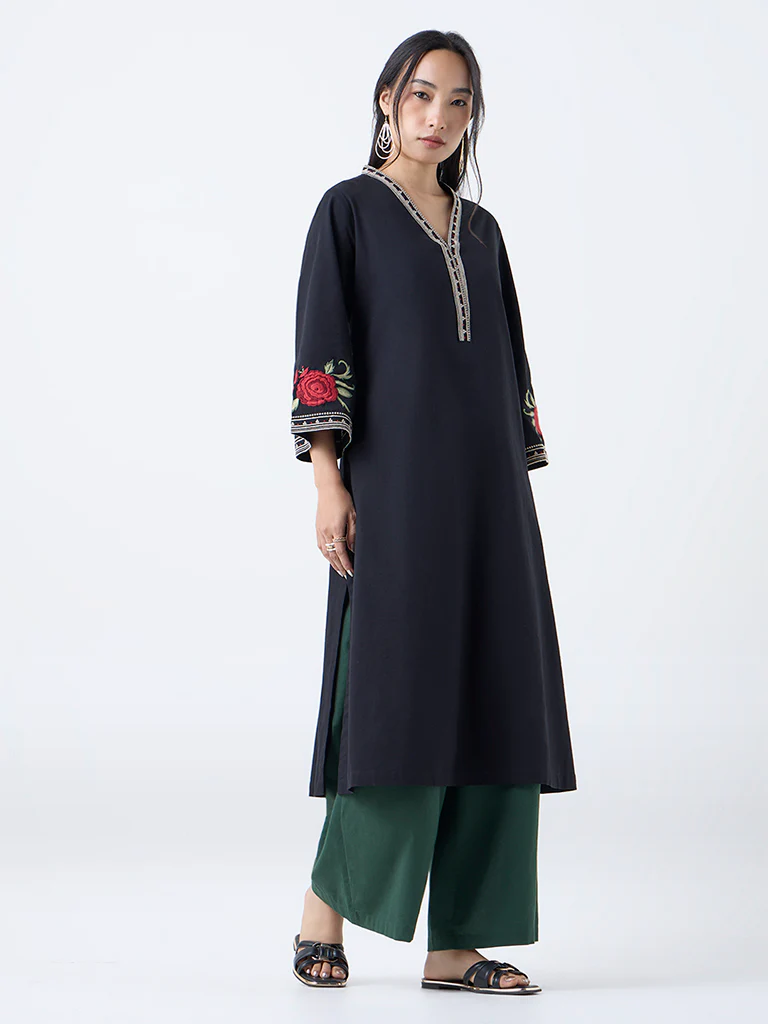 Utsa Black Floral Embroidered Cotton-Blend A-Line Kurta - Image 2