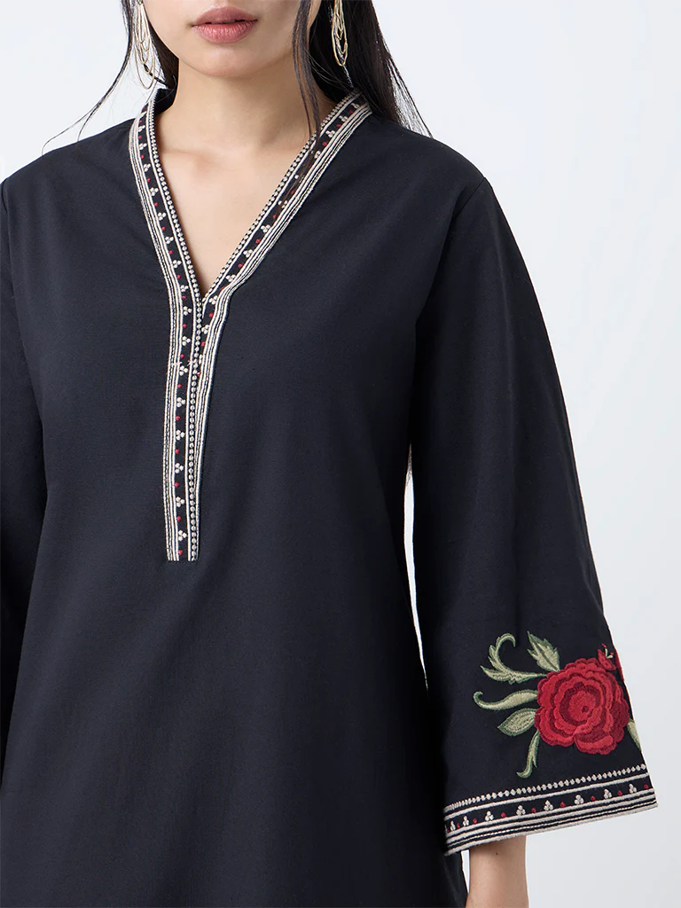Utsa Black Floral Embroidered Cotton-Blend A-Line Kurta - Image 3