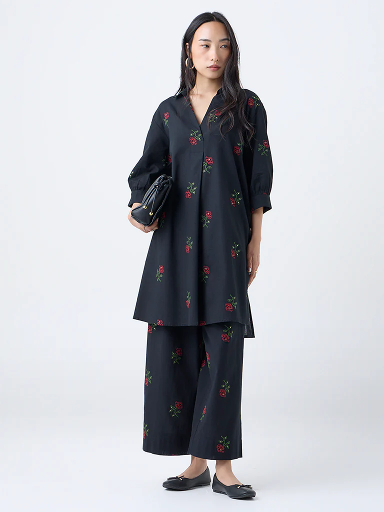 Utsa Black Floral Embroidered Cotton-Blend A-Line Kurta
