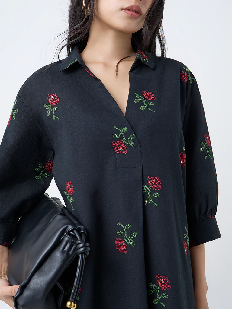 Utsa Black Floral Embroidered Cotton-Blend A-Line Kurta - Image 3