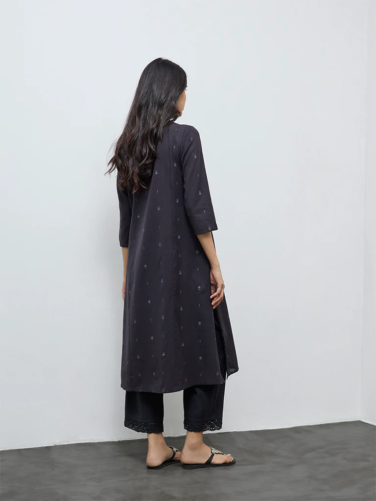 Utsa Black Floral Embroidered Cotton-Blend A-Line Kurta - Image 4