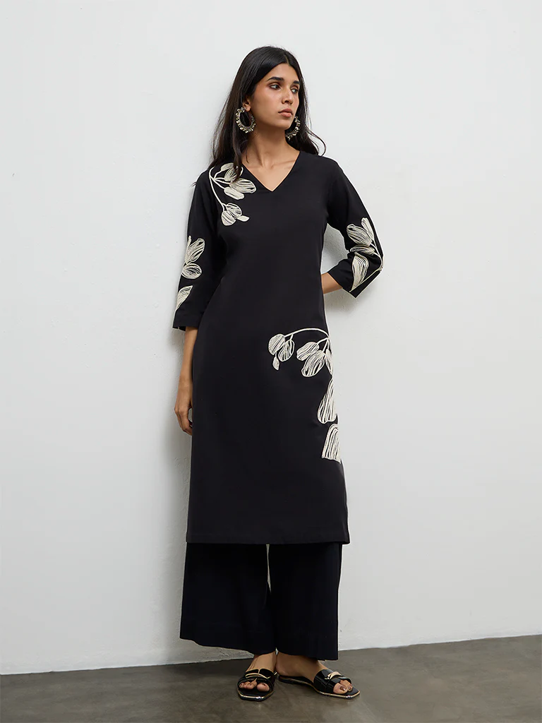 Utsa Black Floral Embroidered Cotton-Blend Kurta