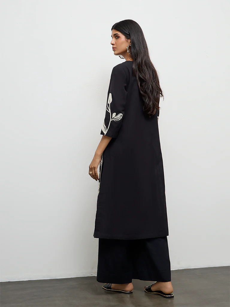 Utsa Black Floral Embroidered Cotton-Blend Kurta - Image 4
