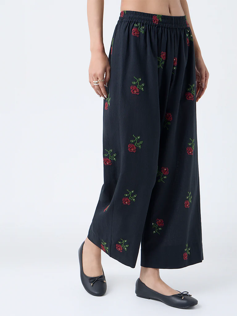 Utsa Black Floral Embroidered Cotton Palazzos