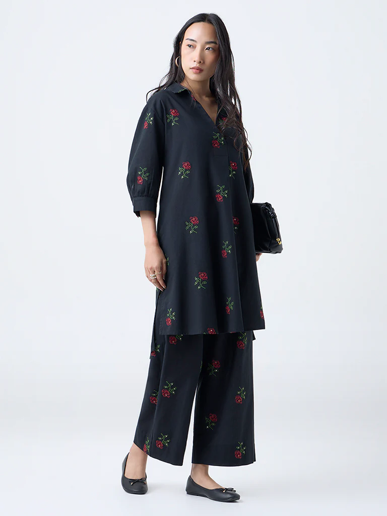 Utsa Black Floral Embroidered Cotton Palazzos - Image 2