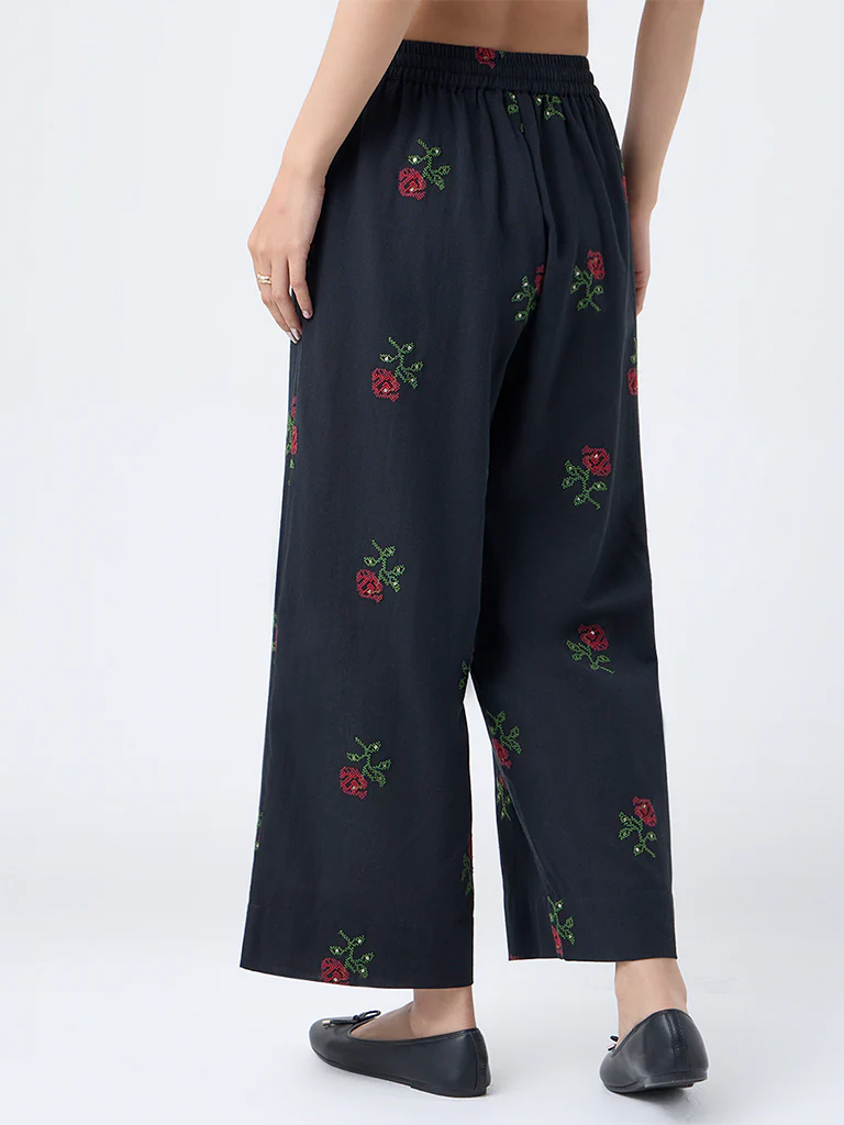 Utsa Black Floral Embroidered Cotton Palazzos - Image 4