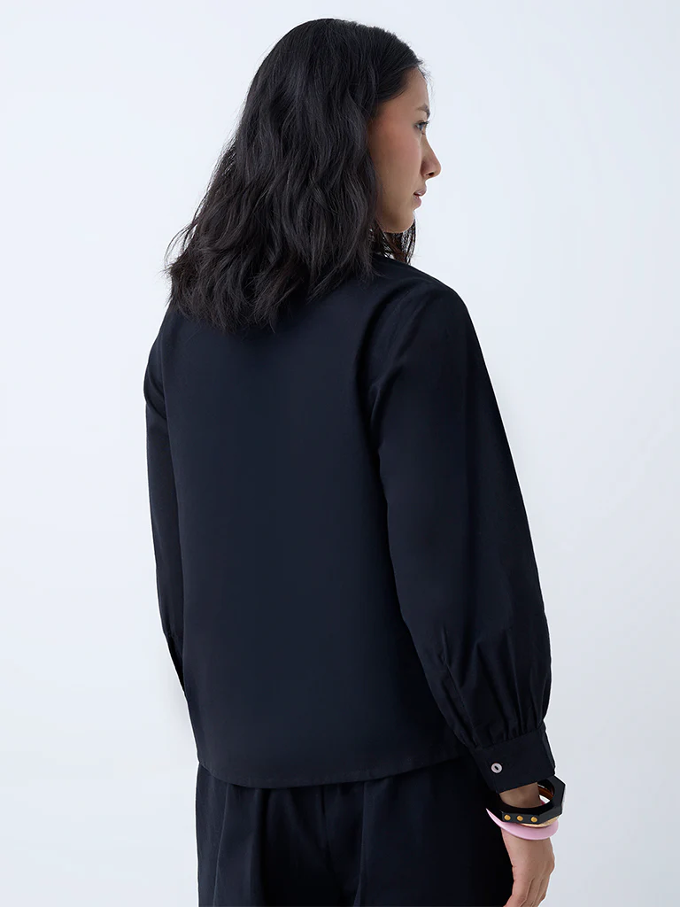 Utsa Black Floral Embroidered Cotton Top - Image 4