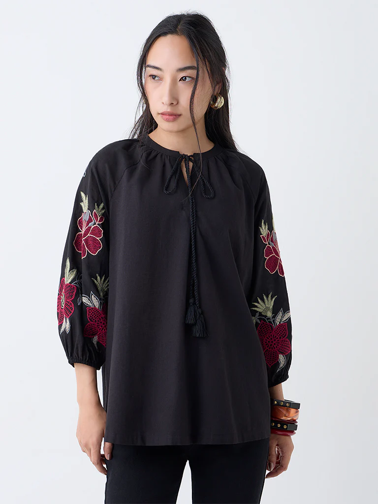 Utsa Black Floral Embroidered Cotton Tunic