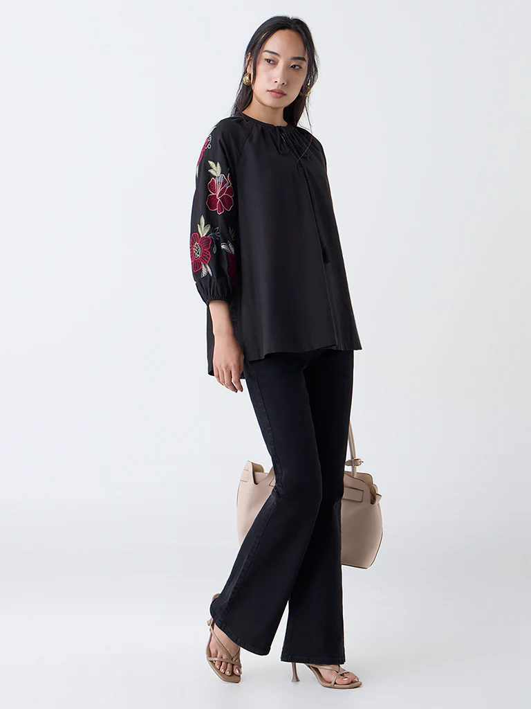 Utsa Black Floral Embroidered Cotton Tunic - Image 2