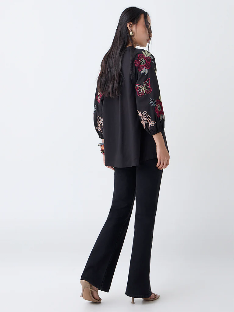 Utsa Black Floral Embroidered Cotton Tunic - Image 4