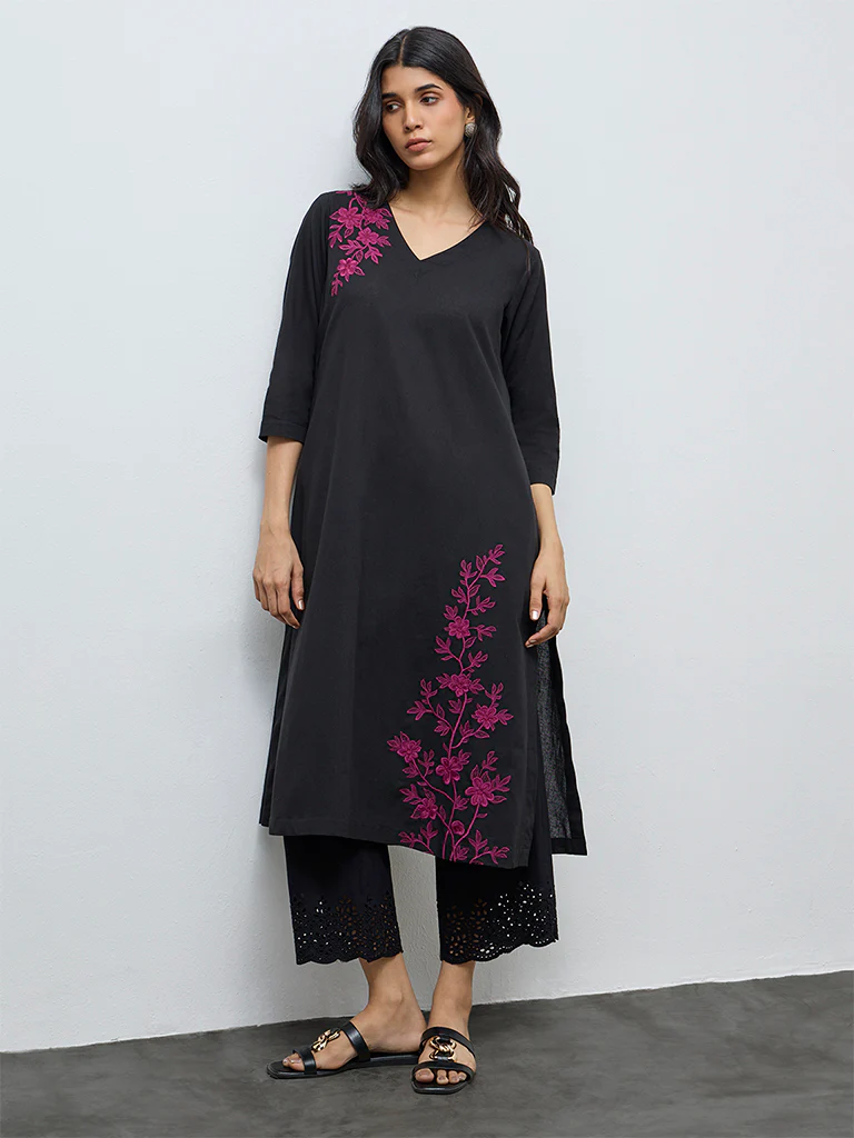 Utsa Black Floral Embroidery Cotton-Blend A-Line Kurta - Image 2