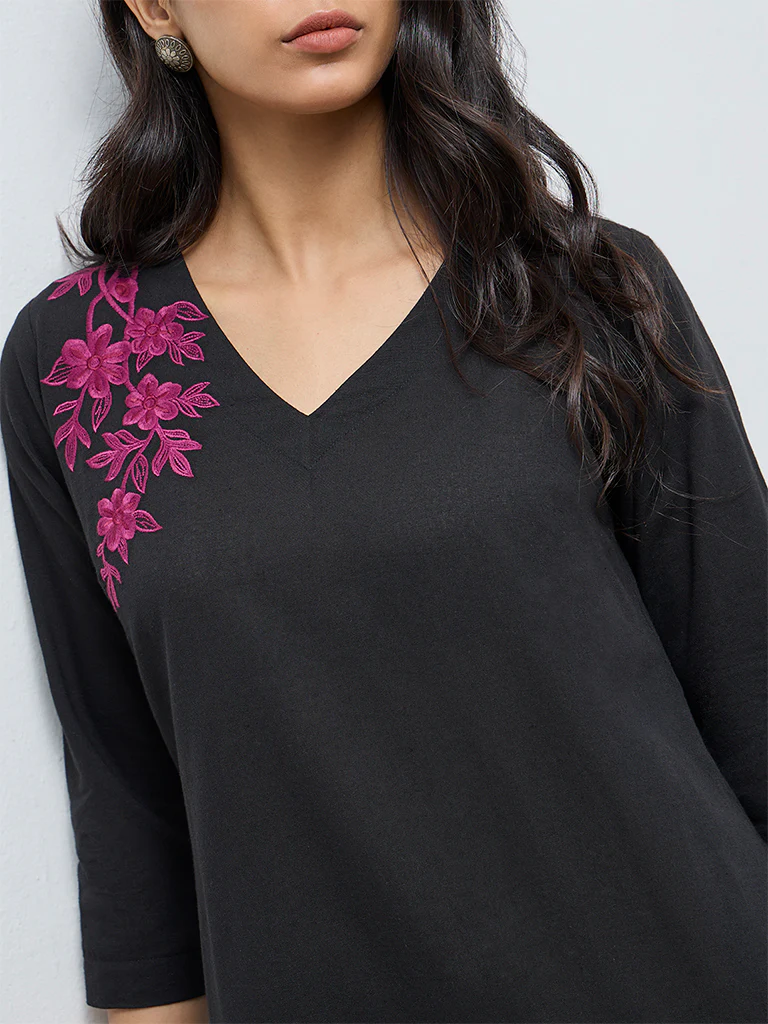 Utsa Black Floral Embroidery Cotton-Blend A-Line Kurta - Image 3