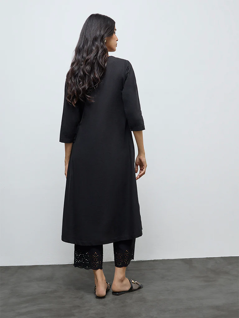 Utsa Black Floral Embroidery Cotton-Blend A-Line Kurta - Image 4