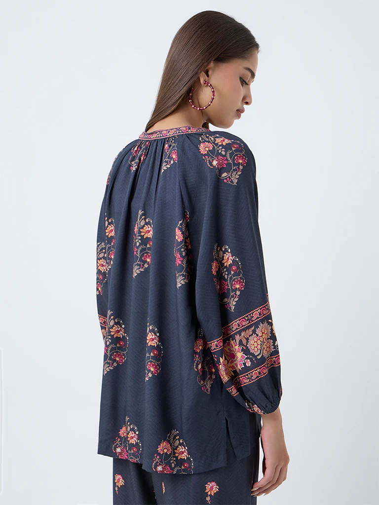Utsa Black Floral Pattern Tunic - Image 4