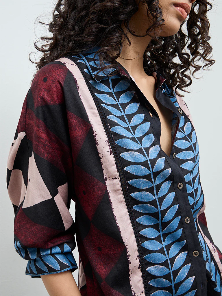Utsa Black Floral Printed Cotton Tunic - Image 3