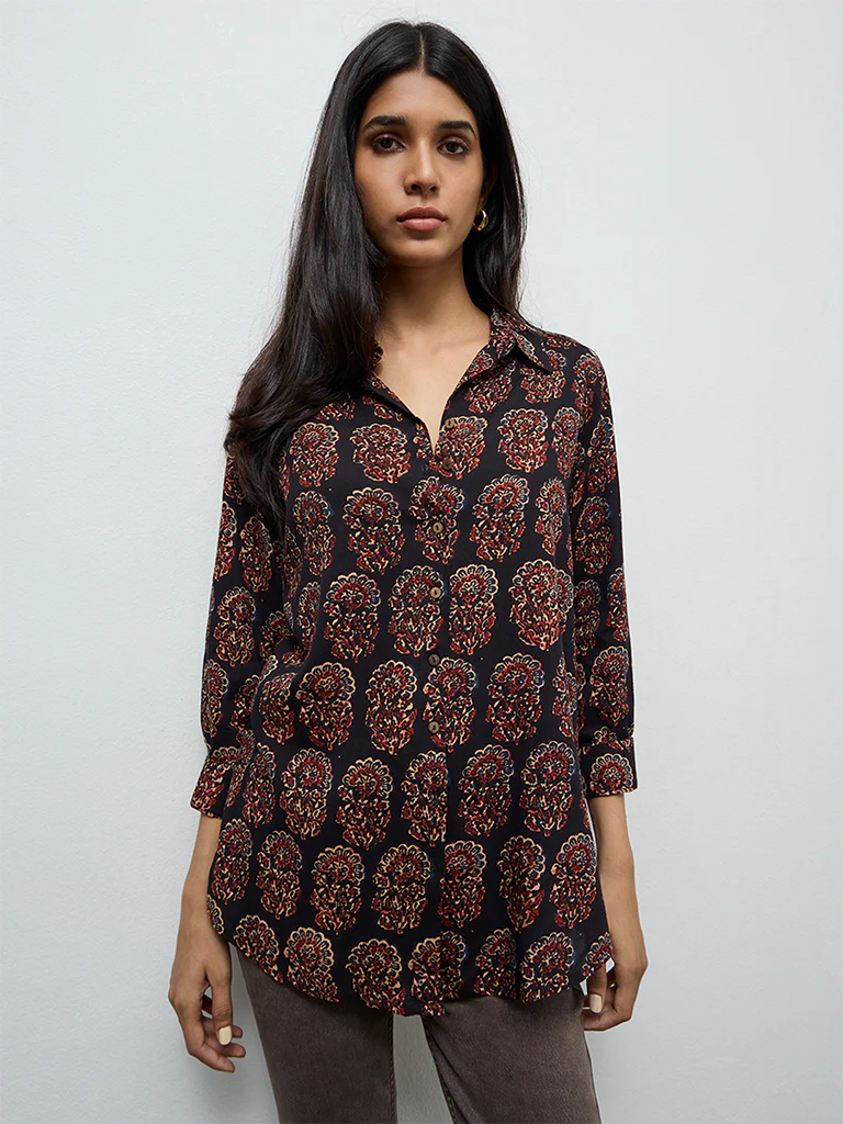 Utsa Black Floral Printed Tunic