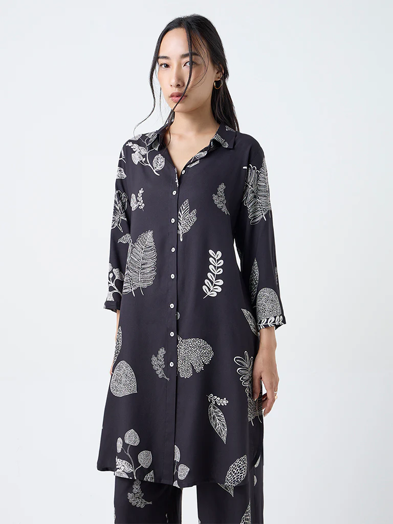 Utsa Black Foliage Design A-Line Kurta