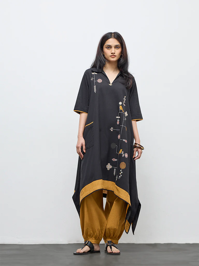 Utsa Black Foliage Printed Cotton A-Line Kurta - Image 2