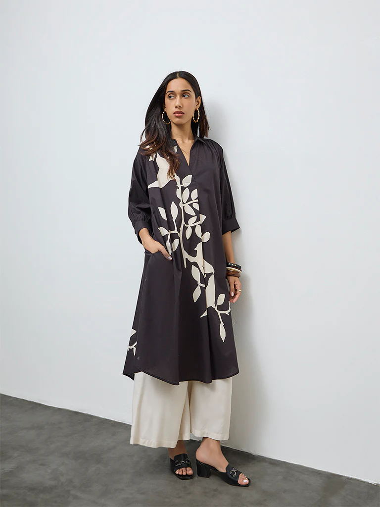 Utsa Black Foliage Printed Cotton A-Line Kurta