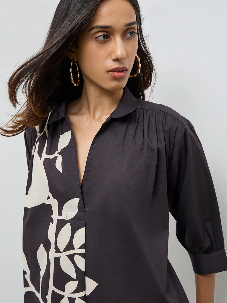 Utsa Black Foliage Printed Cotton A-Line Kurta - Image 3