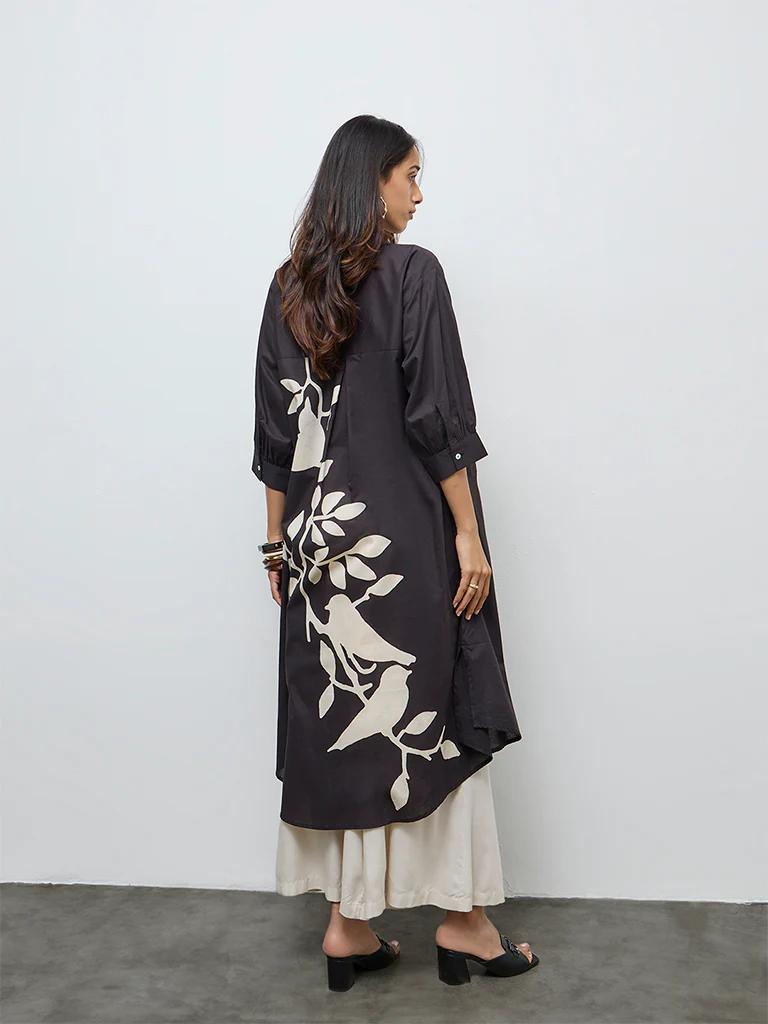 Utsa Black Foliage Printed Cotton A-Line Kurta - Image 4