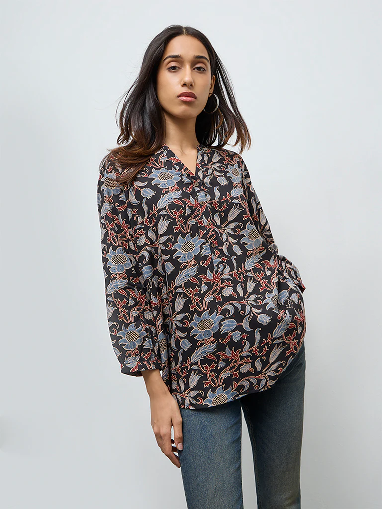 Utsa Black Foliage Printed Tunic - Image 2