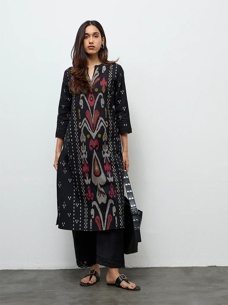 Utsa Black Ikkat Design Cotton-Blend A-Line Kurta