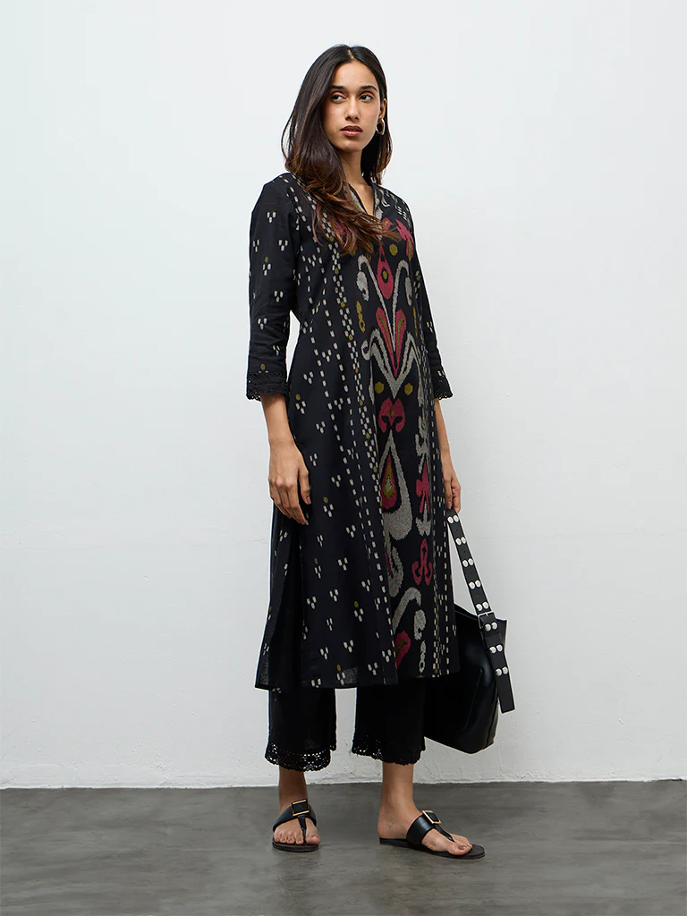 Utsa Black Ikkat Design Cotton-Blend A-Line Kurta - Image 2