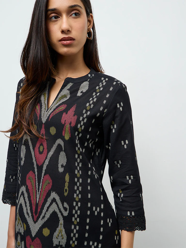 Utsa Black Ikkat Design Cotton-Blend A-Line Kurta - Image 3