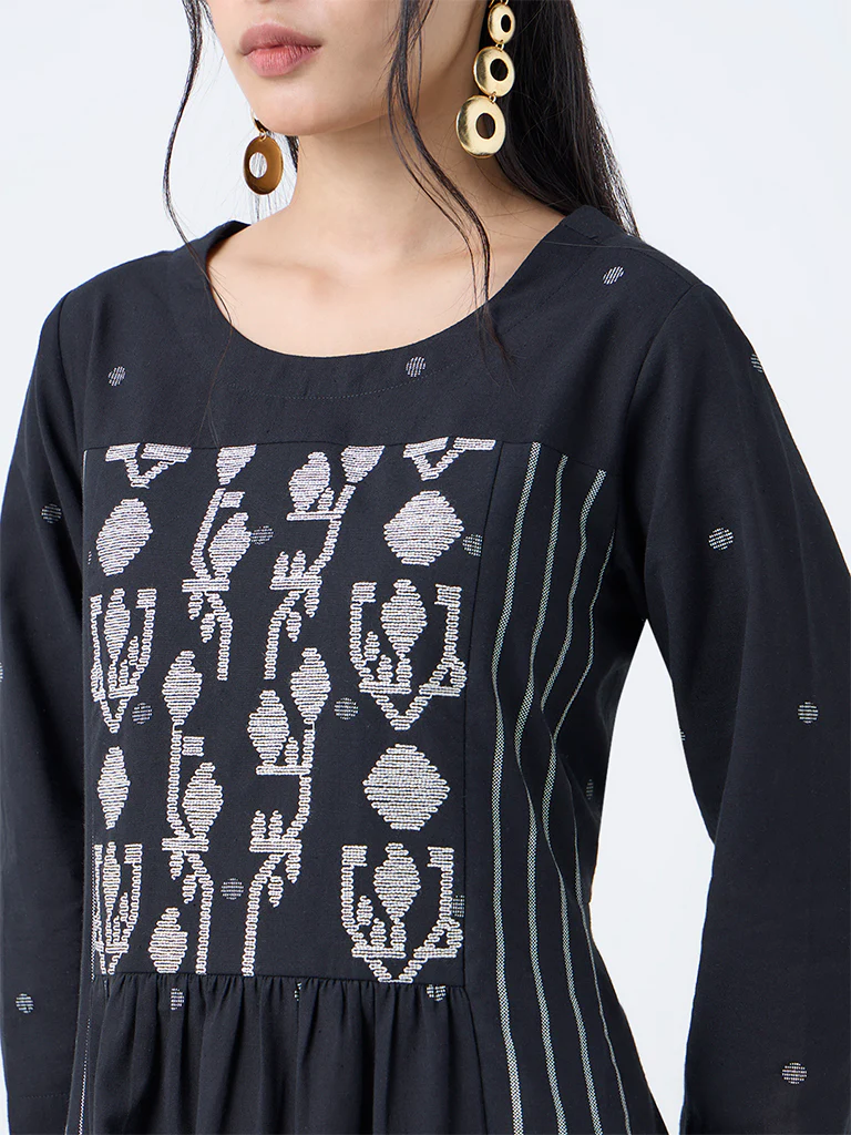 Utsa Black Jamdani Embroidered Cotton-Blend A-Line Kurta - Image 3
