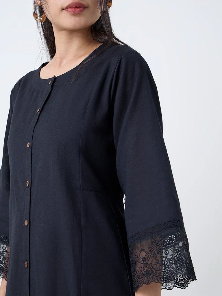 Utsa Black Lace-Detailed Cotton-Blend A-Line Kurta - Image 3