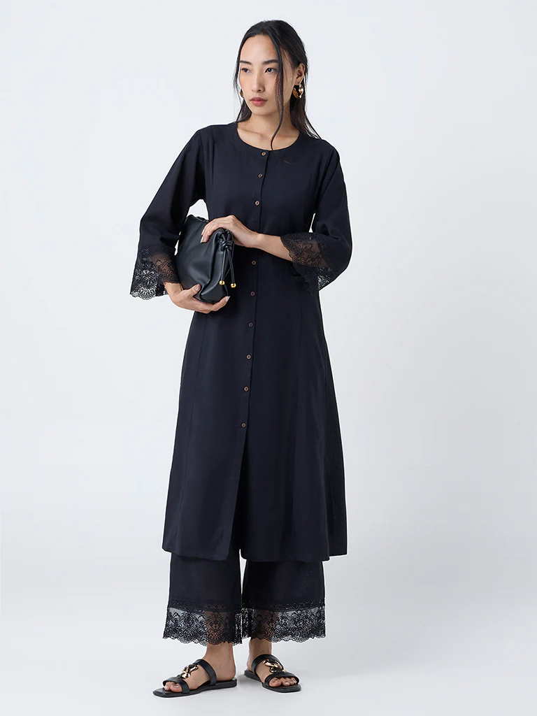 Utsa Black Lace-Detailed Cotton-Blend Ethnic Pants - Image 2