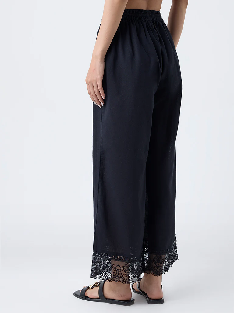 Utsa Black Lace-Detailed Cotton-Blend Ethnic Pants - Image 4