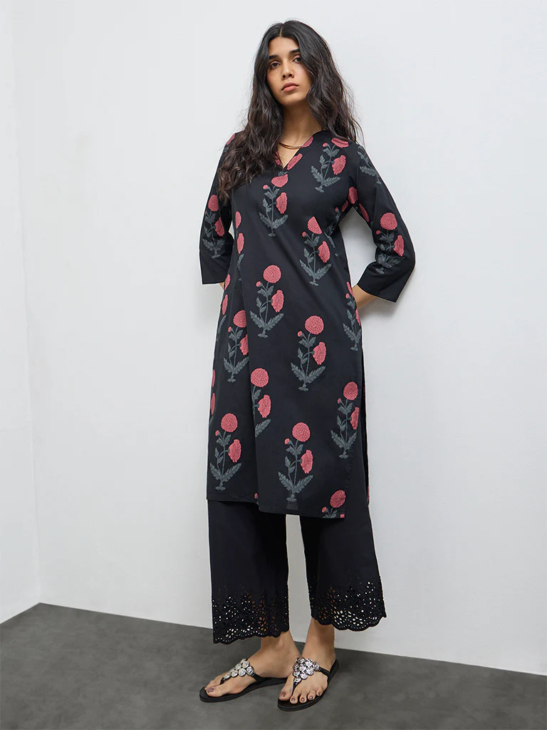 Utsa Black Mughal Printed Cotton A-Line Kurta - Image 2