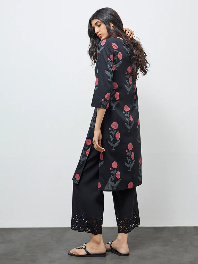 Utsa Black Mughal Printed Cotton A-Line Kurta - Image 4