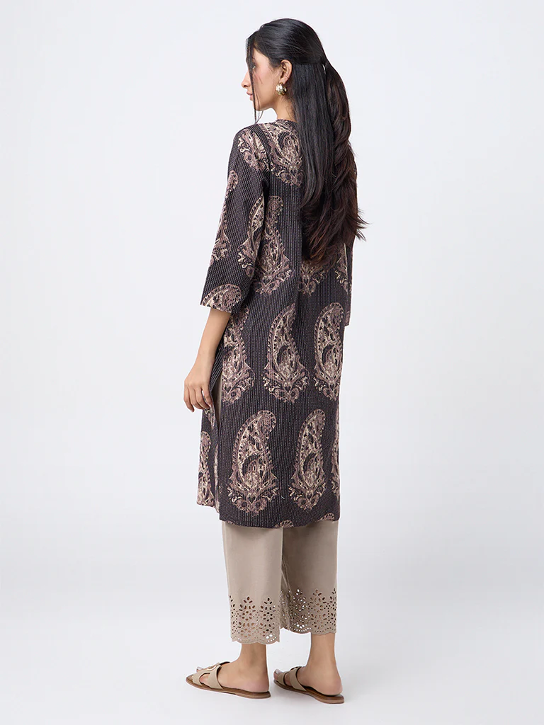 Utsa Black Paisley Design Cotton-Blend Straight Kurta - Image 4