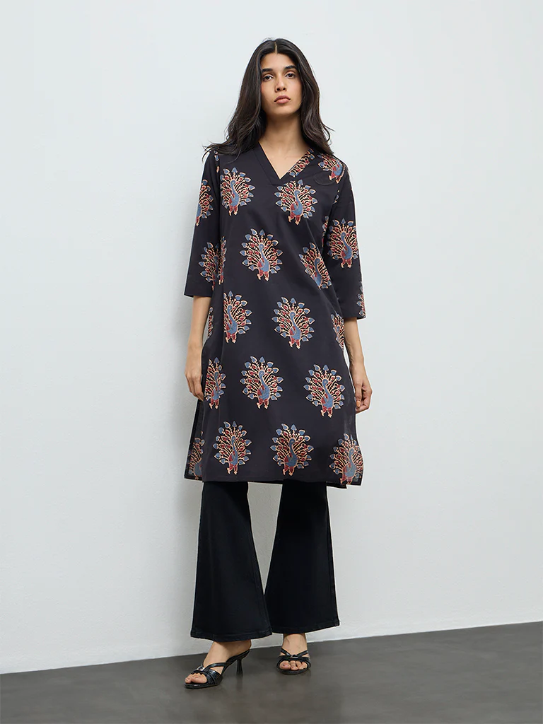 Utsa Black Peacock Design Straight Cotton Kurta