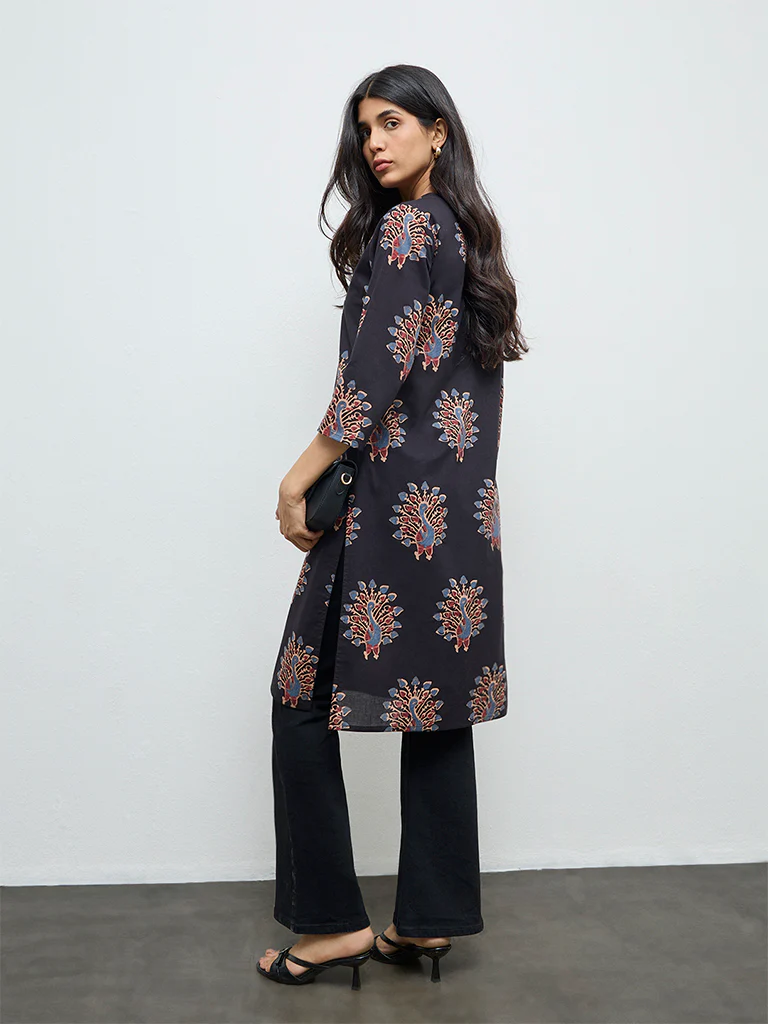Utsa Black Peacock Design Straight Cotton Kurta - Image 4