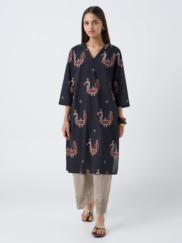 Utsa Black Peacock Printed Cotton Straight Kurta - Image 2