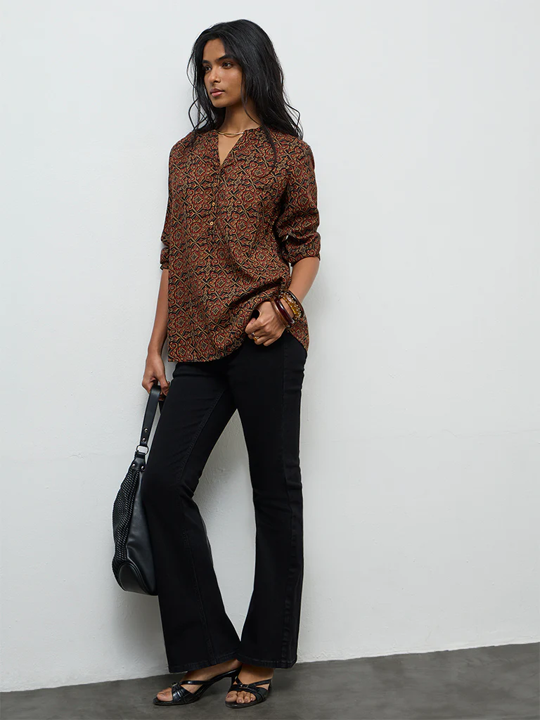 Utsa Black Printed Cotton-Blend Tunic - Image 2