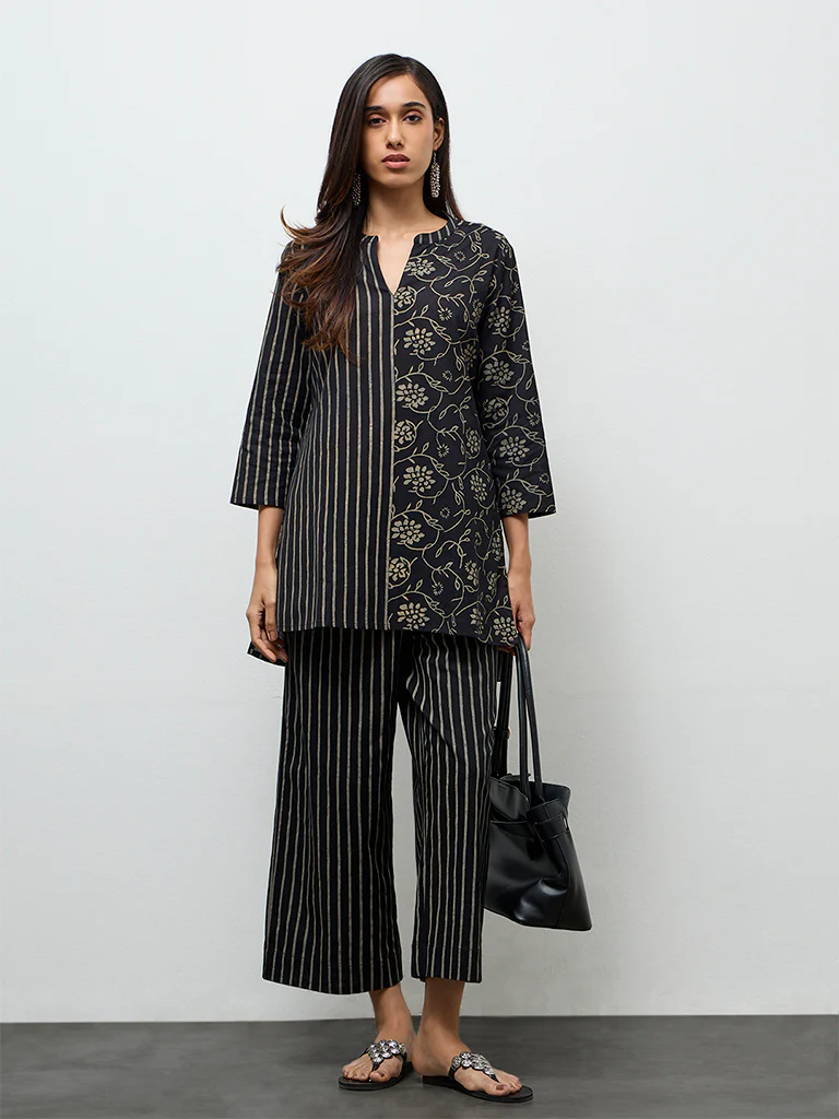 Utsa Black Printed High-Low Cotton-Blend Tunic - Image 2