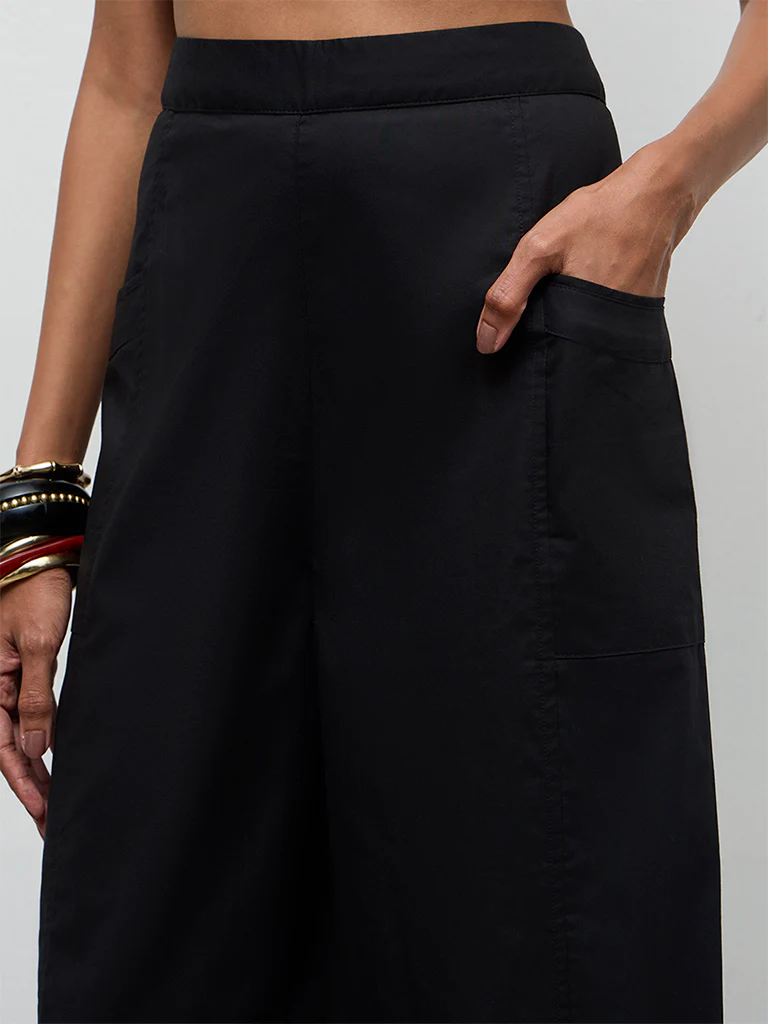 Utsa Black Solid Cotton Pants - Image 3